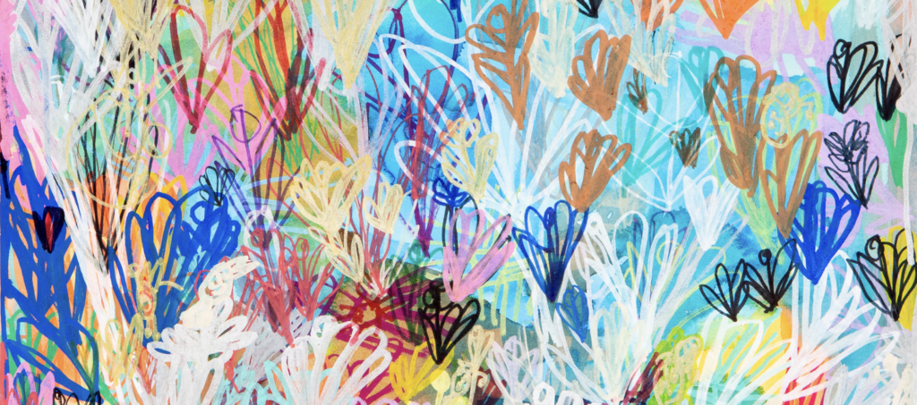 Flower and People SF 65 by Sher-Rod Freeman. Image of red, orange, yellow, green, blue flowers on a pink and blue background.